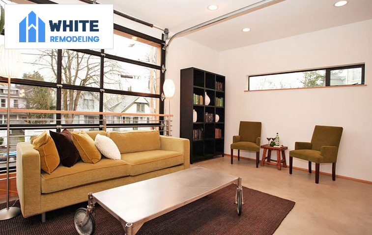 Interior view of a converted garage transformed into a living space