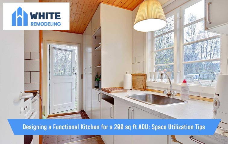 Stylish kitchen design in a 200 sq ft ADU with efficient storage solutions.