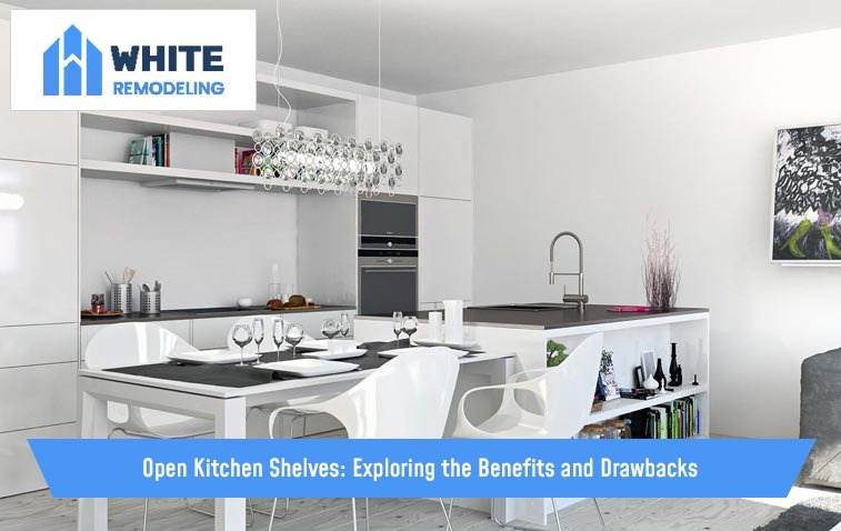 Open kitchen shelves showcasing neatly arranged decorative items